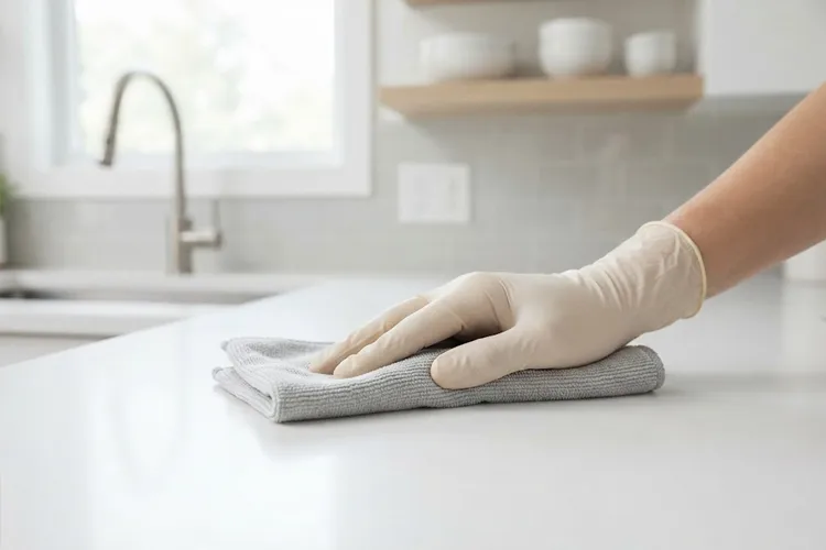 Gloved hand cleaning a kitchen surface during a professional deep cleaning service