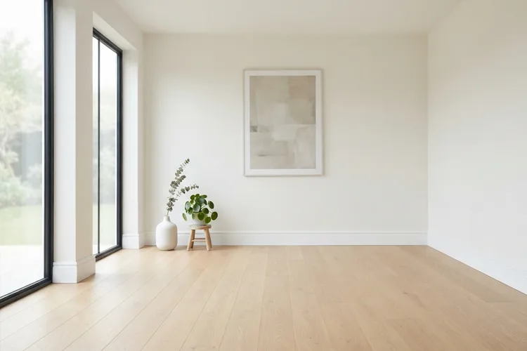 Bright modern room with newly installed light wood flooring
