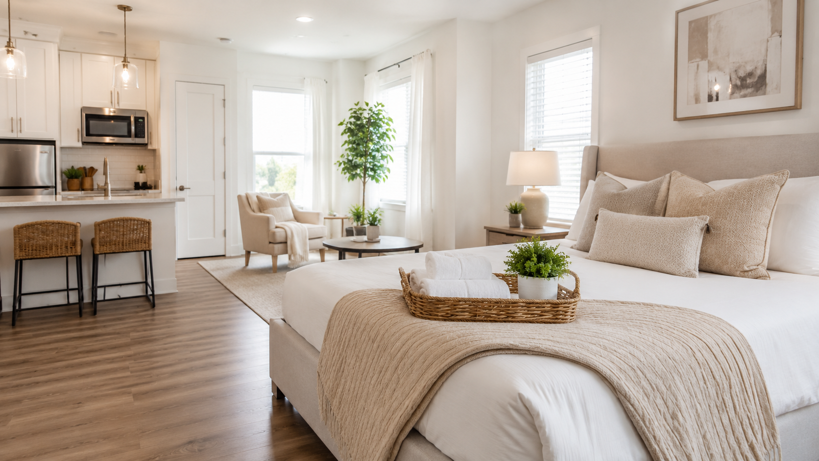 Bright, guest-ready short-term rental bedroom prepared after professional Airbnb turnover cleaning in Charlotte, NC.