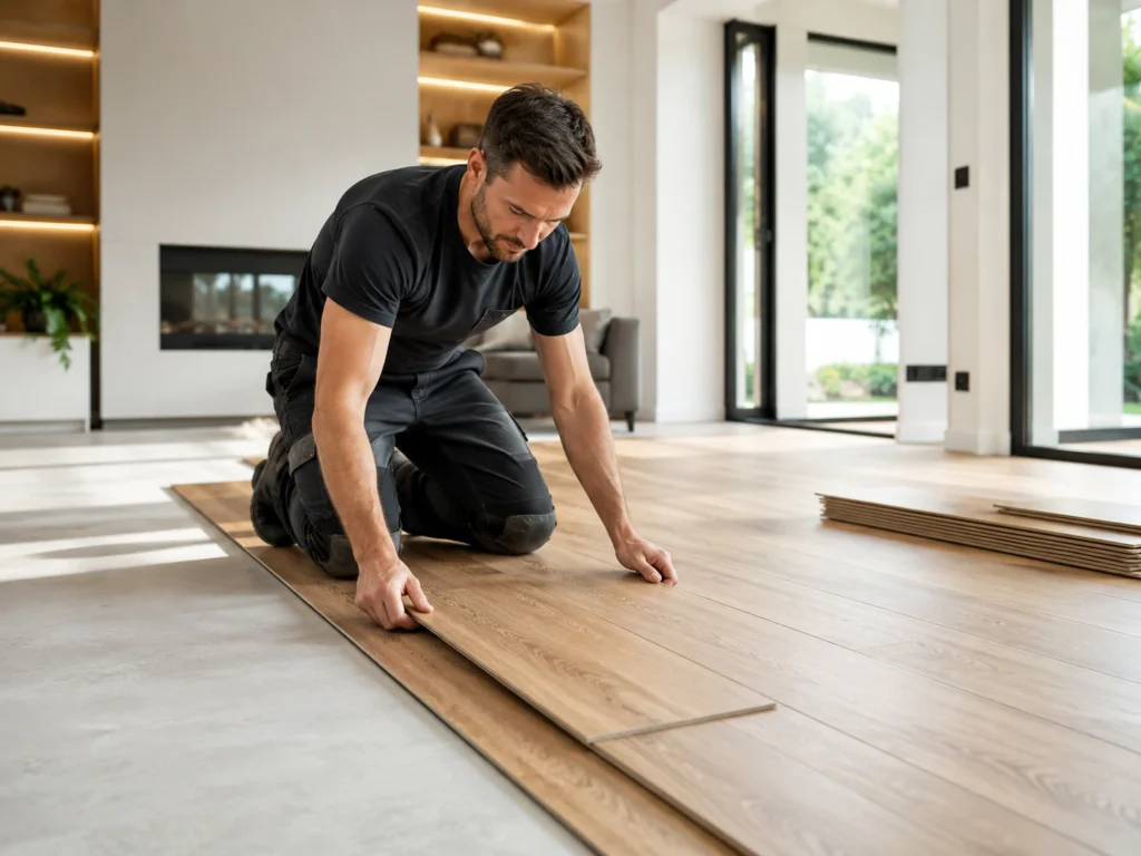 Flooring professional installing wood-look plank flooring in a modern home in Charlotte, NC.
