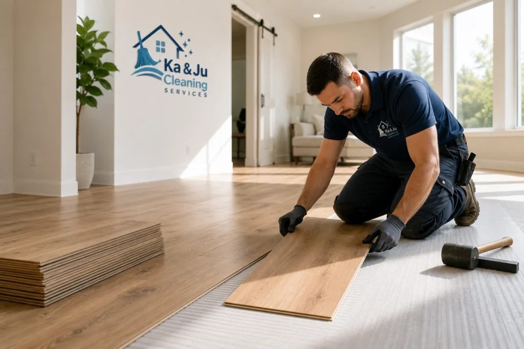Flooring installer placing wood-look planks in a bright modern home in Charlotte, NC.