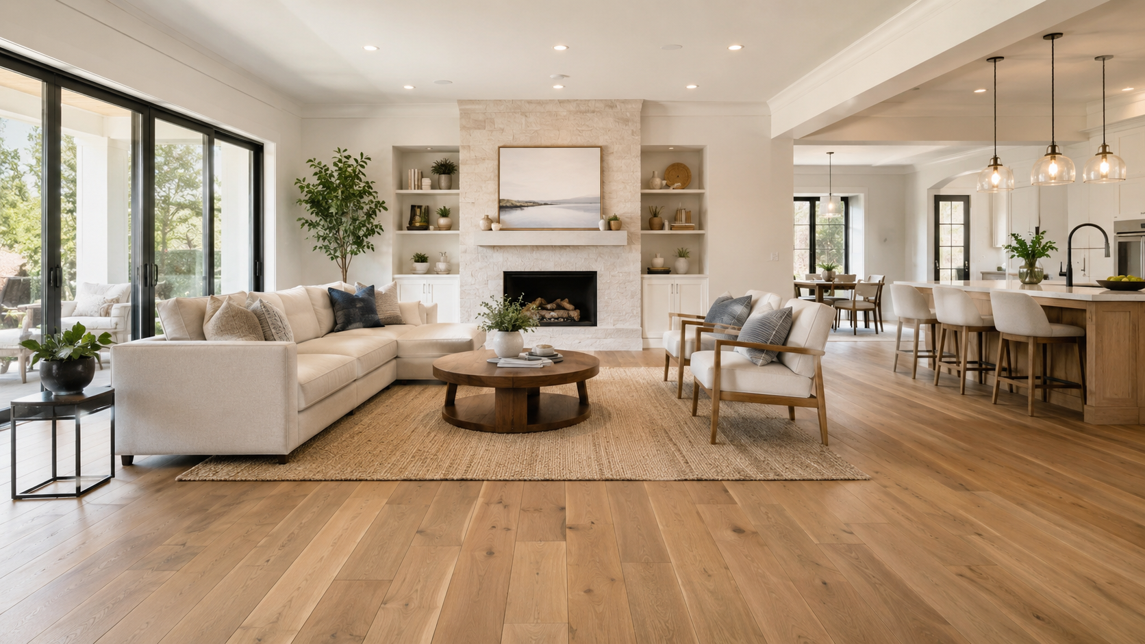 Elegant South Charlotte living room with warm wood-look flooring, natural light and minimalist neutral decor.