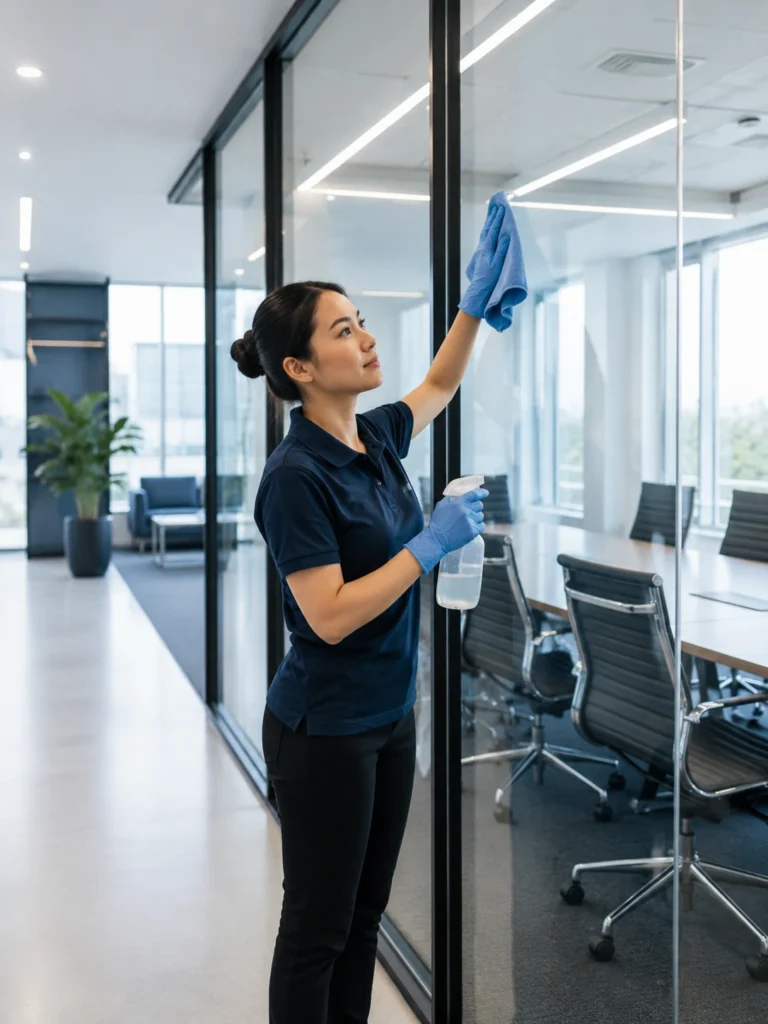 Professional cleaner wiping a glass partition in a modern office in Charlotte, NC.