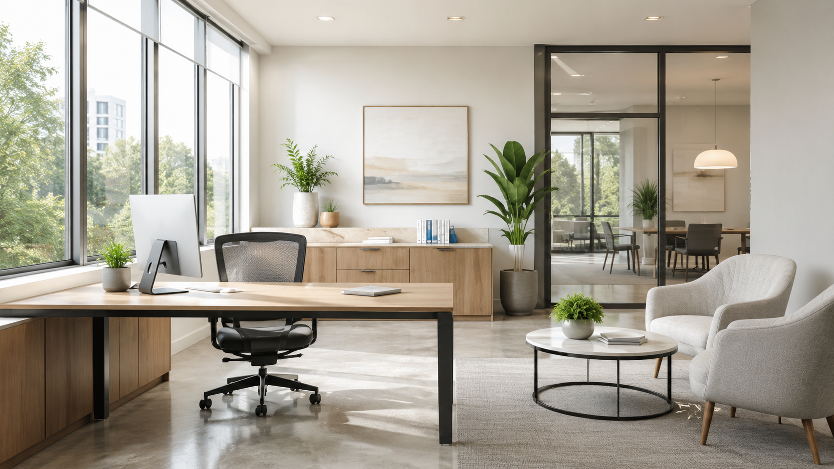 Bright, organized professional office prepared for commercial cleaning service in South Charlotte, North Carolina.