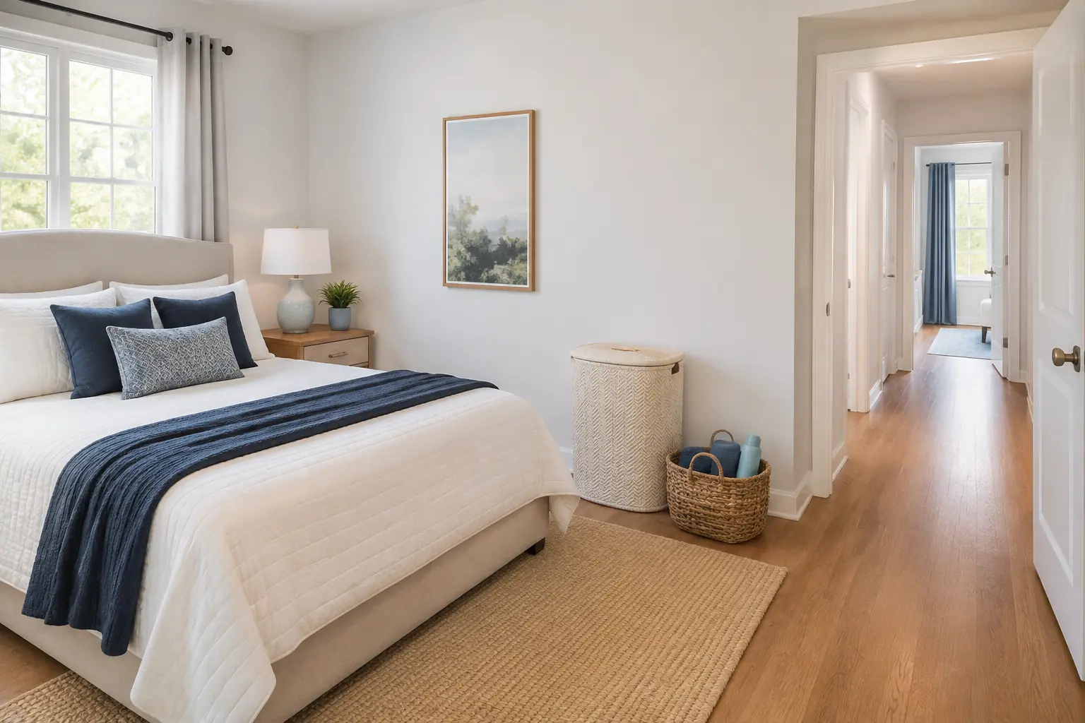 Organized bedroom with clear floors prepared for professional house cleaning in South Charlotte